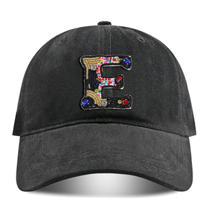 Casquette de baseball vintage noire multicolore avec alphabet anglais organique, personnalisable avec des noms, effet froissé, motif poney - Product Image 4