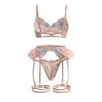 Ensemble de lingerie sexy 3 pièces en dentelle florale avec soutien-gorge à armatures 3/4 push-up, bretelles réglables et convertibles, et string transparent - Lingerie féminine