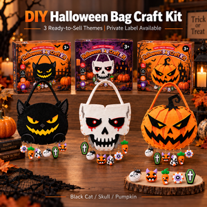 Kit de manualidades de Halloween DIY para niños: Bolsa de fieltro con dijes de gato negro, calavera y calabaza, y arcilla de secado al aire. Bolsa para dulces de Trick or Treat. Set de regalo OEM. - Product Image 1