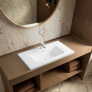 Moderner rechteckiger Waschtisch unter schrank aus Porzellan und Stein mit glattem Becken und Überlauf für Hotels und Luxus bäder - Product Image 4