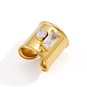 Bague large en acier inoxydable plaqué or 18 carats J&D Jewelry pour femmes, géométrique, carrée, ronde, zircone, bijoux imperméables, cadeau - Product Image 1