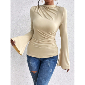 T-shirt pour femmes Joker, coupe slim, style européen et américain, polyester, saison d'automne, design polyvalent, couleur unie, manches longues, incliné - Product Image 1