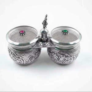 Handcrafted 925 Sterling Silver Dual Kumkum <b>Box</b> with Intricate <b>Floral</b> Embossing and Decorative Gemstone Lids for Traditional - Product Image 2