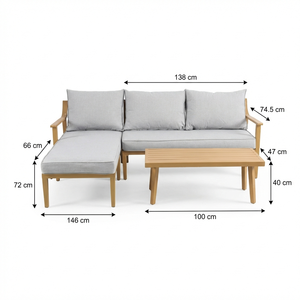 Ensemble <span class=keywords><strong>de</strong></span> canapés d'extérieur en <span class=keywords><strong>aluminium</strong></span> finition teck, mobilier <span class=keywords><strong>de</strong></span> <span class=keywords><strong>salon</strong></span> sectionnel moderne en forme <span class=keywords><strong>de</strong></span> L avec table basse pour villa et parc - Product Image 6