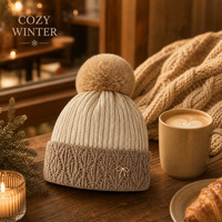 Bonnet tricoté bicolore avec broche nœud et pompon, collection hiver, vente en gros