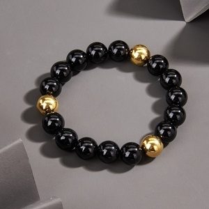 Cuentas de Ónix Negro Brillante para Pulsera con Acero Inoxidable y Baño de Oro, Joyería de Lujo Personalizada para Hombre, para el Budismo - Product Image 1