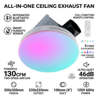 Ventilateur d'extraction électrique multifonctionnel en plastique pour salle de bain, à fixation au plafond, avec lumière RGB, capteur d'humidité, 2 vitesses, silencieux 46 dB