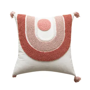 2024 New Trend Pink Love Heart Embroidered Bohemian Home Decor Tufted Cushion Cover With Tassels