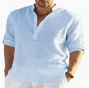 Nouvelle chemise décontractée pour homme 2026 en coton et lin à manches courtes, coupe ample, couleur unie, style vintage, respirante pour le printemps - Product Image 2