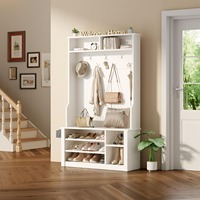 Banc d'arbre de hall 3 en 1 durable en MDF blanc Porte-manteau de rangement de chaussures réglable Organisateur d'entrée anti-basculement
