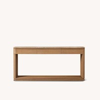 Console élégante et moderne avec plateau en marbre, structure en chêne clair, trois tiroirs sans poignées, base sur socle pour entrée, meuble d'appoint pour la maison, personnalisable OEM