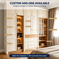 Système de dressing sur mesure pour chambre à coucher, finition crème, panneaux surélevés, poignées en laiton, étagères ouvertes en MDF, éclairage LED, vitrine en verre, moulures décoratives, style moderne, OEM