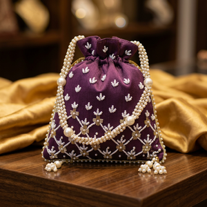 Dazzling Purple Potli <b>Bags</b> on Raw silk Fabric with Embellished <b>Pearls</b>, Crystal Glass Beads Work for Party-wear/Wedding - Product Image 3