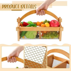 Wooden Portable Fruit Storage Basket Rectangle Handmade <b>Vegetable</b> Draining Basket Desktop Mesh Flower Basket - Product Image 5