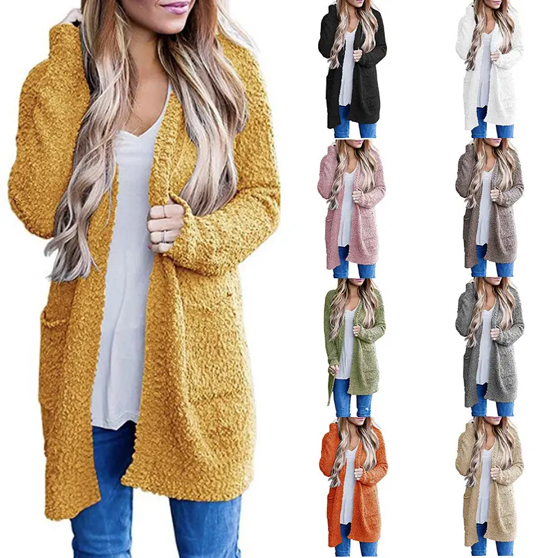 Multiple Colors Lady Good Quality Cardigan Fall Pockets Knitted Popcorn Cardigan