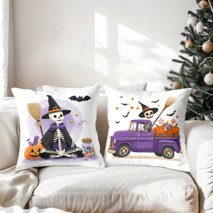 Halloween skeleton witch throw pillows decorate cozy living room sofa with festive pumpkins bats and purple truck design - Product Image 3