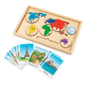 Plateau de tri Montessori personnalisé en bois <span class=keywords><strong>7</strong></span> continents, puzzle géographique <span class=keywords><strong>du</strong></span> <span class=keywords><strong>monde</strong></span> avec cartes flash des monuments - Product Image 1