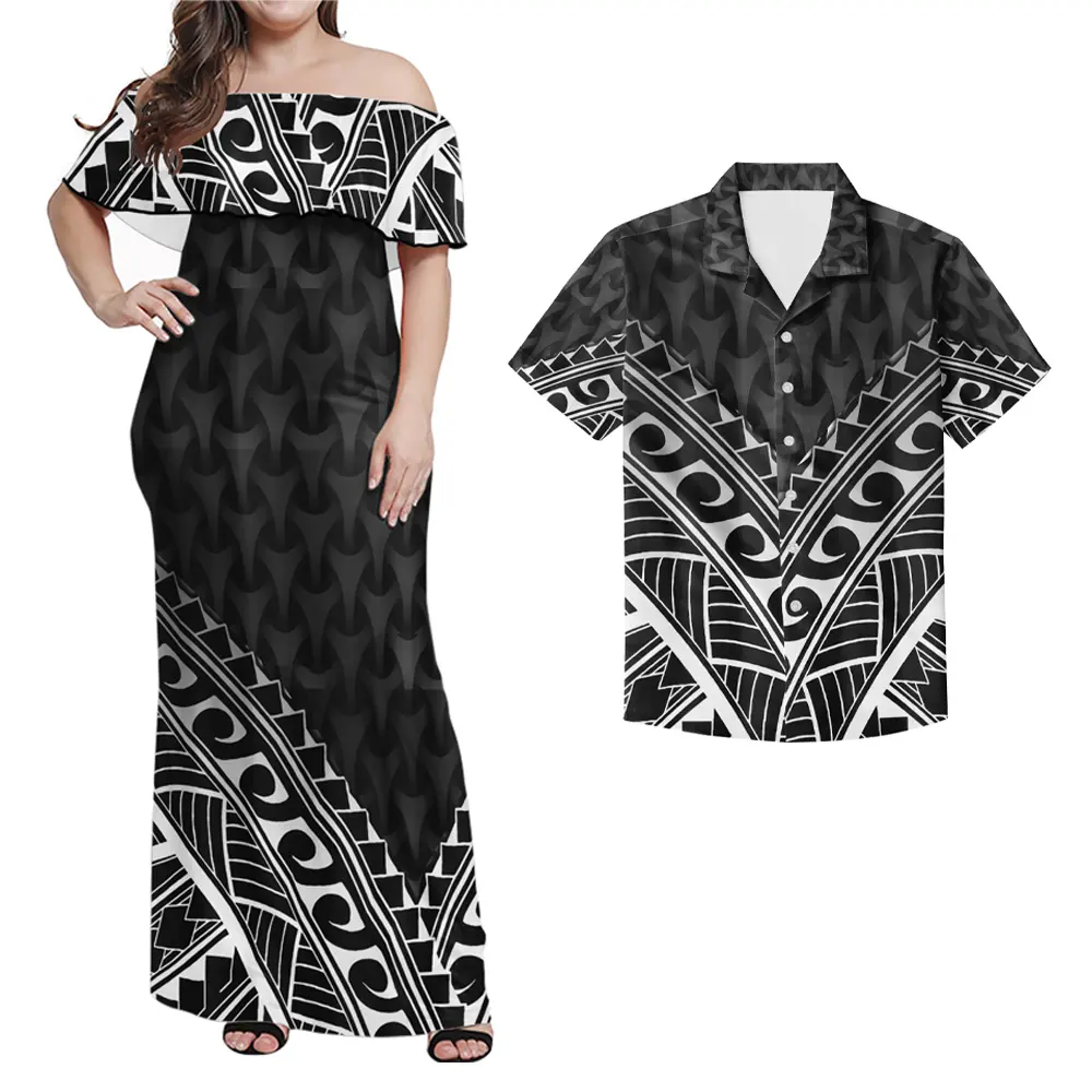 Black White Tribal Polynesian Print 2Pcs Set Women Long Dress Off Shoulder Ruffle Match Men Shirts Summer Couple Clothing 2021