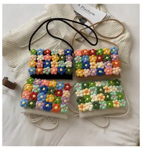 Korean Cute Colourful Puff Flowers Cotton Rope Woven Shoulder Bag Gift Mini Stitching Phone Envelope Handbag Wallet