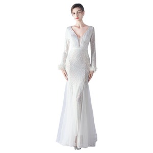 Strich Feathers Net Weave đính cườm Gown sequined Evening DRESS A-line với V cổ và beading eo tự nhiên thanh lịch lãng mạn gowns - Product Image 1