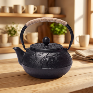 Théière traditionnelle chinoise en métal avec couvercle et poignée en bois, couleur noire - Product Image 4