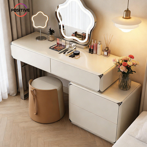 Coiffeuse minimaliste moderne crème tout-en-un avec table de maquillage et coffre de rangement pour chambre à coucher - Product Image 2