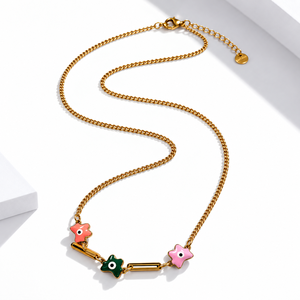 Collar de Cadena con Flores Esmaltadas Multicolor, Acero Inoxidable, Chapado al Vacío en Oro de 14K, 460 mm + 60 mm, 6.8 g - Product Image 1