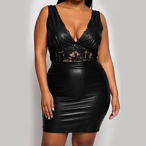 เดรสสั้นรัดรูปสีดำเซ็กซี่ แต่งลูกไม้ช่วงเอว คอลึกวี ไร้แขน เหมาะสำหรับสาวอวบใส่ได้ทุกวันในช่วงฤดูร้อน - Product Image 1