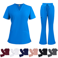 Ensemble d'uniformes médicaux pour femmes, hauts slim à col en V et pantalons évasés, en tissu TRS peigné personnalisé, vente en gros, fabricant