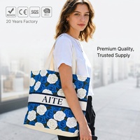 Sac fourre-tout structuré en toile de coton à imprimé floral rose bleu avec logo personnalisé, idéal pour demoiselle d'honneur, cadeau de mariage, sac de courses, vente en gros