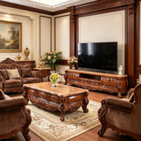 Ensemble Meuble TV et Table Basse Classique Européen en Bois Massif, Luxe, Sculpté à la Main, Plateau en Marbre, Meuble de Salon, Vente en Gros, Armoire de Rangement pour la Maison