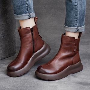 Bottines à talon carré en cuir véritable, style britannique élégant, à lacets, confortables pour l'automne et l'hiver - Product Image 2