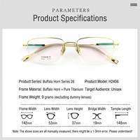 Monture de lunettes demi-cerclée en titane pur et corne de buffle, sensation premium, design unisexe, compatible