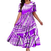Robe longue maxi pour femme grande taille, imprimé tribal polynésien violet et blanc, manches courtes bouffantes, volants étagés, robes de soirée personnalisées