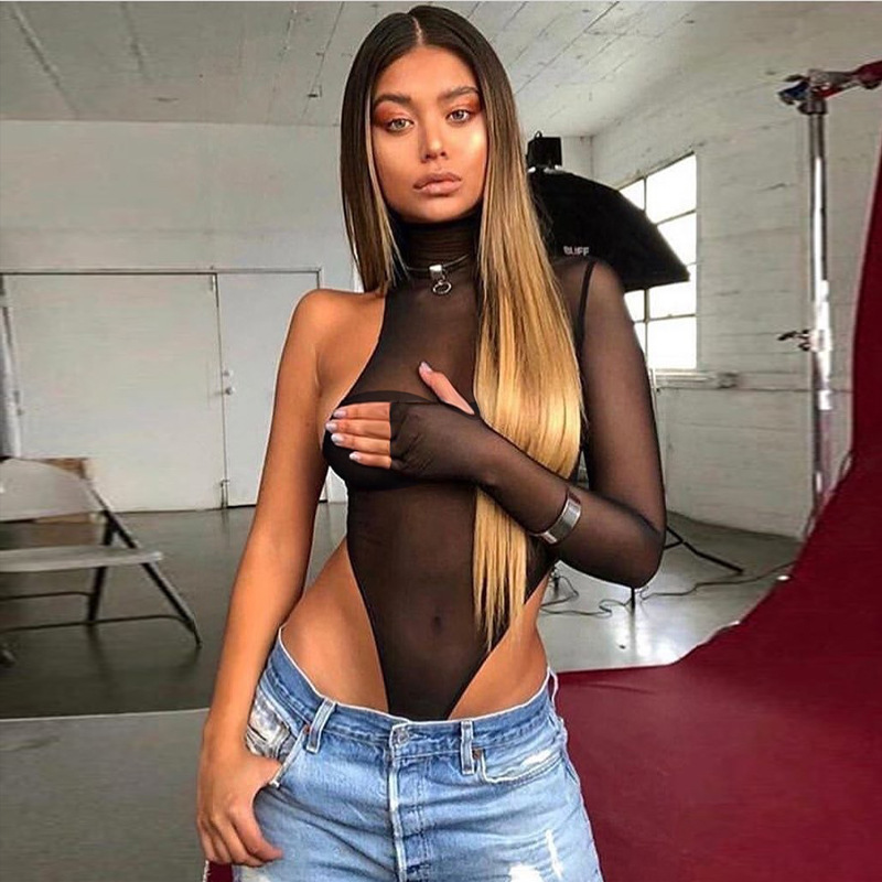 In Stock Women clothing 2021 trending single long sleeve lace up lady crop top sexy sheer mesh top