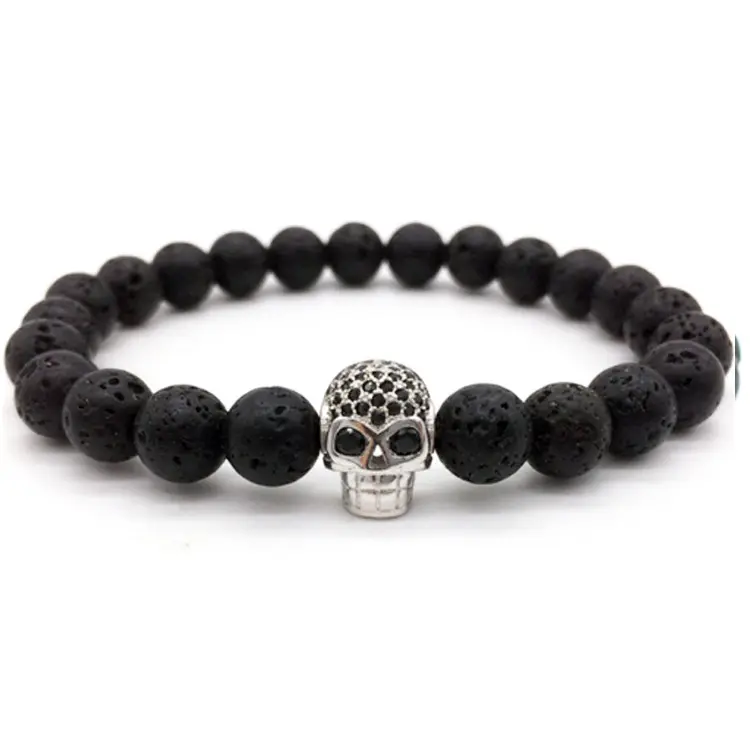 Bestone Wholesale Trendy Micro Pave CZ Skull Lava Bead Men 7 Chakra Stone Bracelet