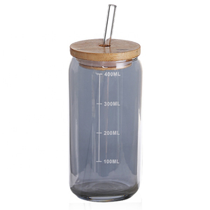 Custom Logo Box Gold Rim Amber Smoky Gray Beer Can Shaped Glass 16oz with Bamboo Lid and Straw