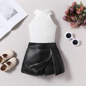 2024 Verão Meninas Moda Terno Logotipo Personalizado Infantil Vestuário Set Colete Top e Saia com Padrão Sólido Ordem Mínima 2pcs - Product Image 4