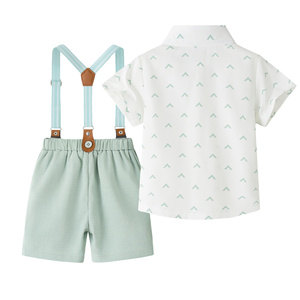 Catpapa En gros Ensemble de cérémonie 3 pièces pour garçons : Chemise à manches courtes à imprimé flèches, <span class=keywords><strong>Short</strong></span> à bretelles vert et Nœud papillon - Product Image 2