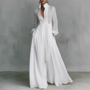 Women Solid Chiffon Woven Washable Pleated Long Sleeve Maxi Dress Cinched Waist <b>Vintage</b> Vacation Dress - Product Image 3