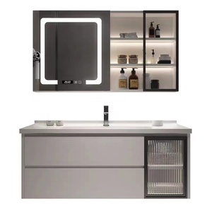 New solid wood smart bathroom cabinet hanging bathroom cabinet double door single <b>drawer</b> with LED light - Product Image 3