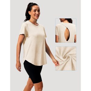 Camiseta de Yoga FOXA con Espalda Descubierta para Mujer, Manga Corta, Cuello Redondo, Transpirable, de Spandex y Algodón, para Gimnasio y Fitness - Product Image 5