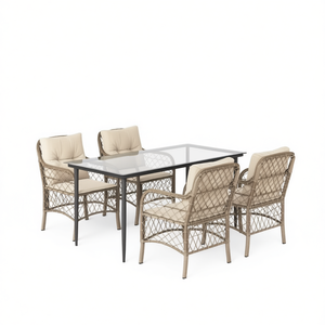 Set da Pranzo da Giardino in Rattan Beige per 4 Persone, Struttura in Metallo, Resistente alle Intemperie, Arredamento da Esterno dal Design Contemporaneo - Product Image 1