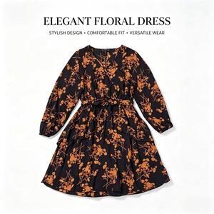 Nouvelle Robe Longue Décontractée pour Femme 2026 de Haute Qualité avec Décoration Feuille d'Érable, Manches Longues et Col en V – Service Direct Usine - Product Image 3