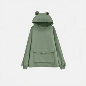 Felpa con <span class=keywords><strong>cappuccio</strong></span> in pile ecologico tinta unita da donna taglie forti Evertopone con motivo Karl Frog, stile streetwear, con cerniera verde, OEM/ODM - Product Image 2