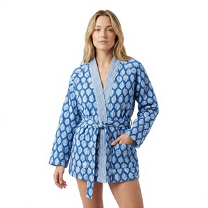 Chaqueta Bohemia Hecha a Mano, Suave, 100% Algodón, Acolchada, Reversible, con Estampado Floral, Diseño Indio, Cuello en V, para Mujer, Cierre con Cinturón, Secado Rápido - Product Image 1