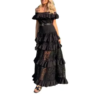 NNR 여름 오프 숄더 프릴 중공 밑단 긴 여성 드레스 캐주얼 2 색 레이스 드레스