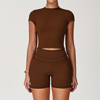 T-shirt de sport ajusté à col montant et manches courtes, crop top, avec contrôle du ventre, et leggings de fitness athlétiques, ensemble deux pièces pour tenue active quotidienne