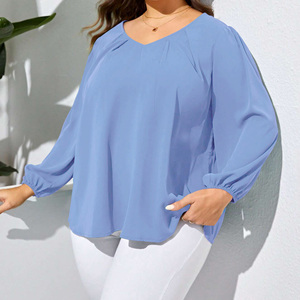 Kemeja wanita lengan puff panjang, blus wanita ukuran <span class=keywords><strong>plus</strong></span>, kemeja polos lengan puff panjang kasual elegan longgar leher v - Product Image 3