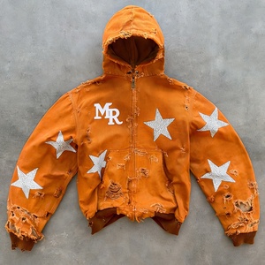Sudadera con capucha unisex de algodón de 400 g/m² de alto gramaje, estilo streetwear, con efecto desgastado por el sol, aplique de estrella con pedrería, cierre de cremallera y corte holgado. - Product Image 1